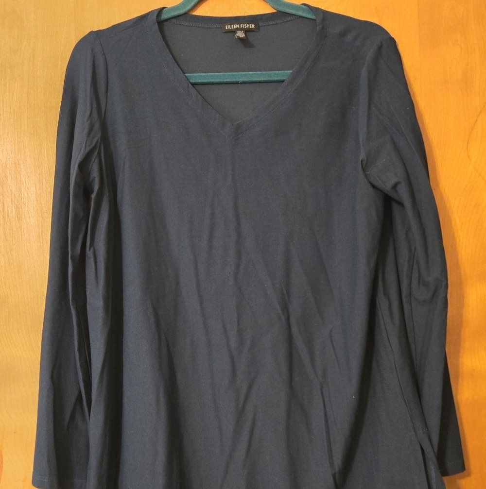 Eileen Fisher V-Neck Tunic Top Storm Blue Side Slits S